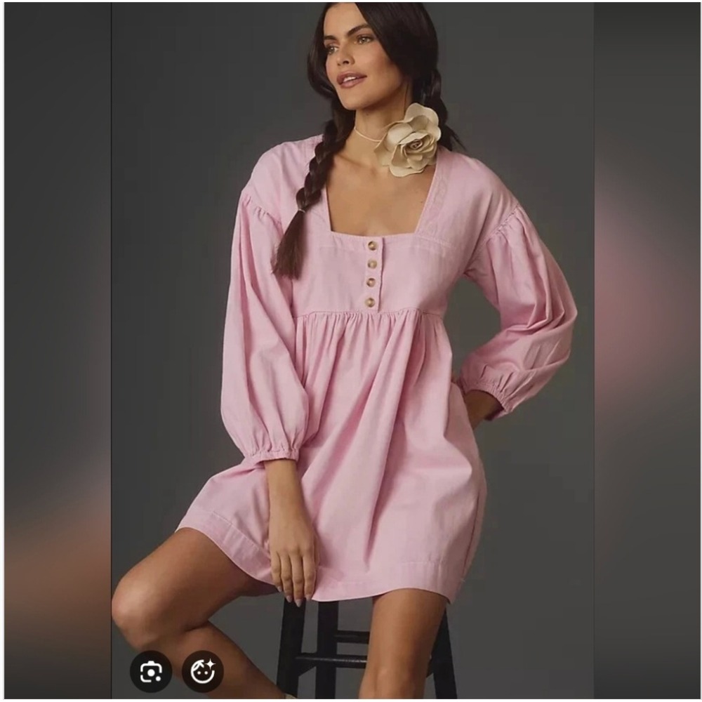 Anthropologie Mini Dress Pink Babydoll Square Neck Puff Sleeve XS